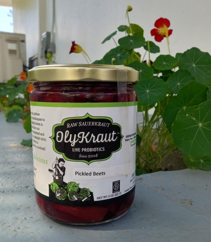 A jar of delicious, probiotic rich pickled beets from OlyKraut