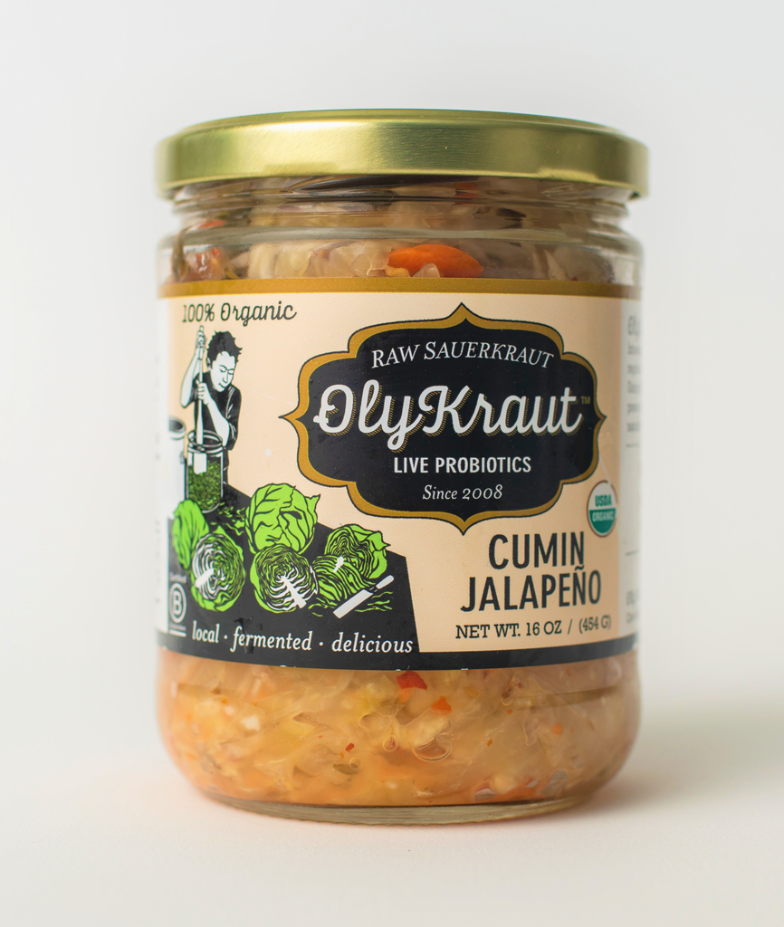 A close up image of OlyKraut's Cumin Jalapeno sauerkraut; delicious probiotic raw and organic